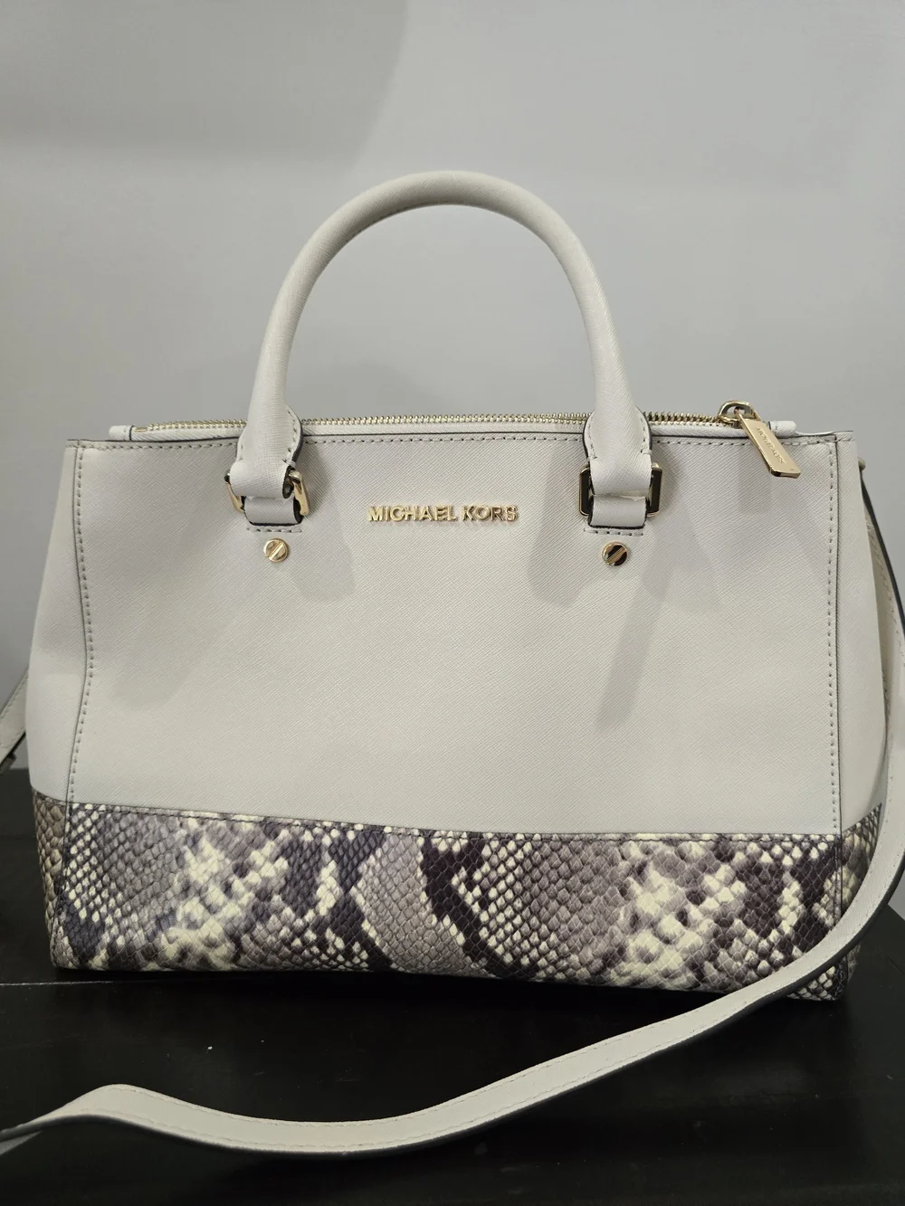 MICHAEL KORS Kellen White Saffiano Leather Satchel with Snake-Print Trim